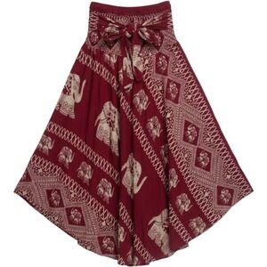 Bangkok Pants Elephant Print Skirt Women One Size Burgundy Smocked Waist Boho
